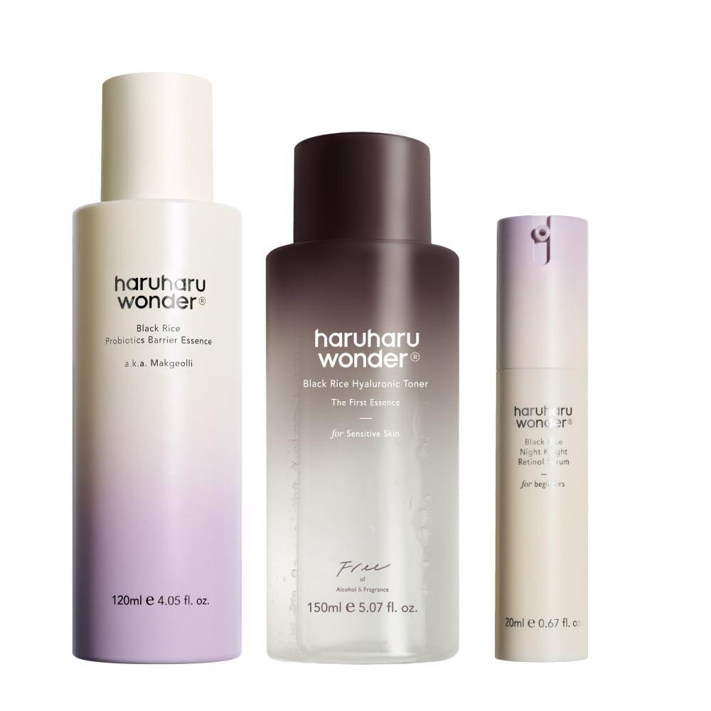 image:imageharuharu Wonder Korean Glass Skin Set Including Black Rice Toner Milky Essence and Retinol Serum